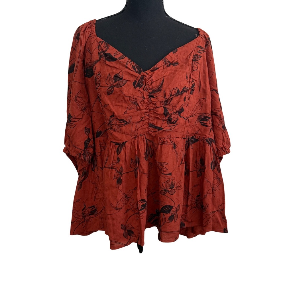 Torrid Womens Orange Floral Babydoll Blouse Smocked Top Size 3X Boho Cottagecore